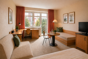 Helles modernisiertes Familienzimmer mit Sitzbereich im Gästehaus Am Weberplatz Dresden